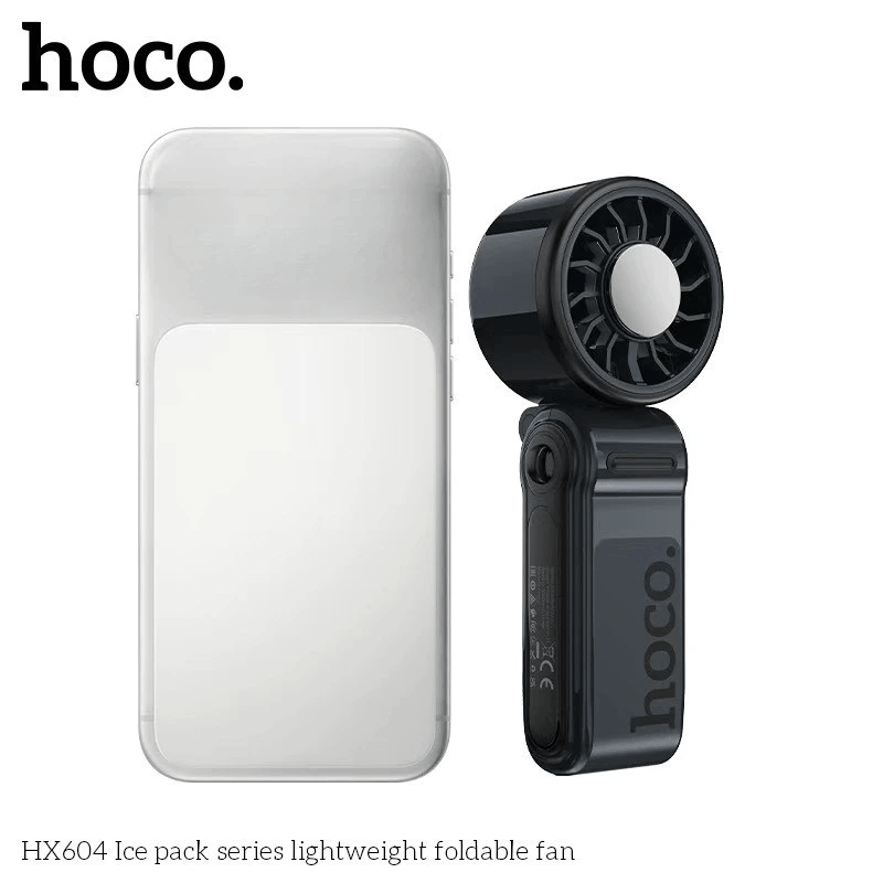 พัดลมพกพา HOCO HX604 สีดำ พร้อมแผ่นทำความเย็น พับได้ 90&deg; ความเร็วมอเตอร์ 10000 RPM แบตเตอรี่ 3000MAH